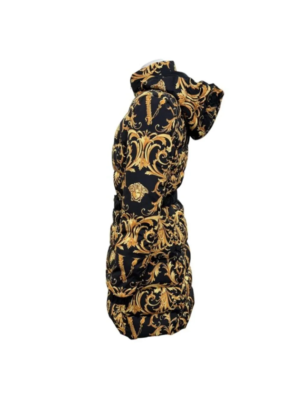 Versace Medusa Belt Baroque Long Length Down Coat Black Gold 36